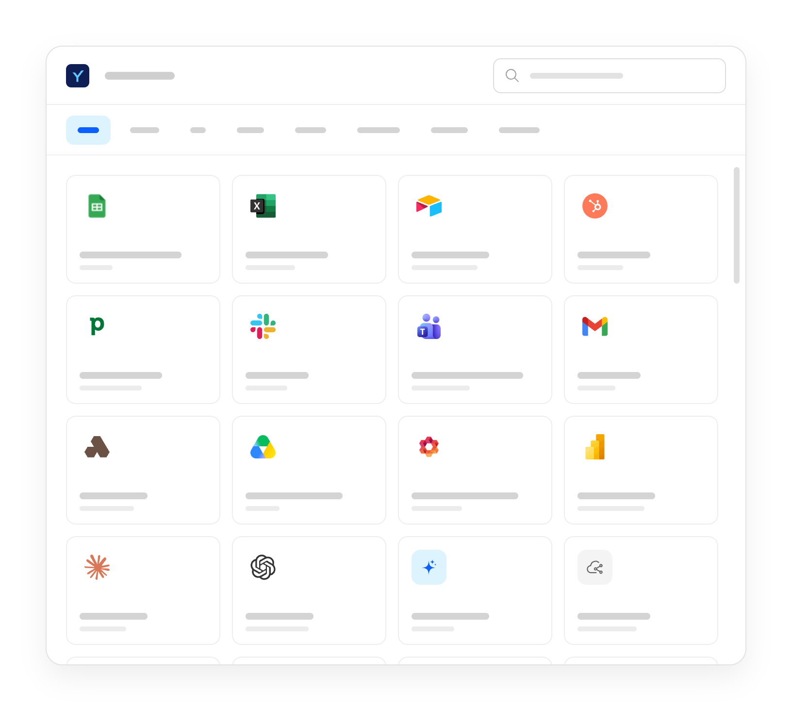The block catalog: a searchable panel of connectors including Google Sheets, Excel, Slack, Microsoft Teams, Gmail and more.